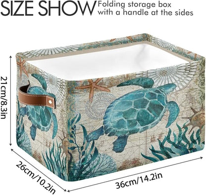 Sea Turtle Storage Basket Fabric Storage Bin Nautical theme Baskets Coastal Starfish Foldable Storage Boxes Organizer Bag for Baby Cloth Dog Toy Book Storage Cubes Shelf Closet Basket 16×12×8 Inches