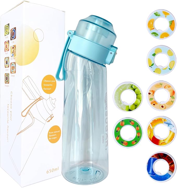 Air Water Bottle, Scented Water Bottle with Flavor Pods, Tritan Sports Water Bottle with Scent Ring 22 OZ (Blue+7 Pods)