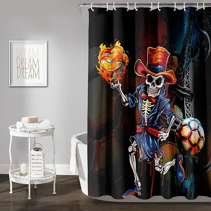 AILONEN Sugar Skull Shower Curtain,Funny Skull Skeleton Design Shower Curtain Set with Hooks for Boys Girls Teens,Skeletons Playing Balls Waterproof Fabric Shower Curtain for Bathroom,72" W*96" H