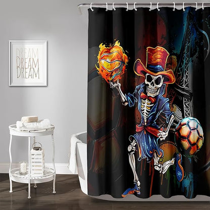 AILONEN Sugar Skull Shower Curtain,Funny Skull Skeleton Design Shower Curtain Set with Hooks for Boys Girls Teens,Skeletons Playing Balls Waterproof Fabric Shower Curtain for Bathroom,72" W*96" H