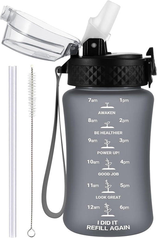 GOPPUS Kids Water Bottle with Straw Spout Lid 10pcs Stickers 12 oz Leak-proof BPA Free Motivational Time Marker Tritan Plastic Water Bottles for Girls Boys School Sports