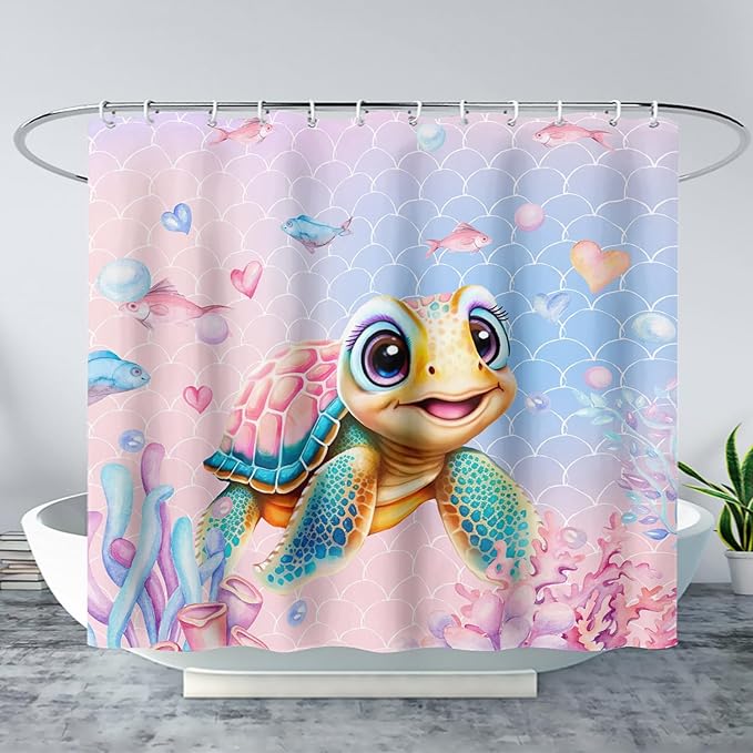 AILONEN Kawaii Sea Turtle Shower Curtain,Tie Die Turtle Bath Curtain Cloth Fabric Bathroom 48" W*72" H Inch,12 Pack Hooks for Kids Child,Watercolor Scale Bathroom Curtain