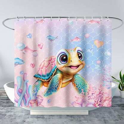 AILONEN Kawaii Sea Turtle Shower Curtain,Tie Die Turtle Bath Curtain Cloth Fabric Bathroom 72" W*96" H Inch,12 Pack Hooks for Kids Child,Watercolor Scale Bathroom Curtain