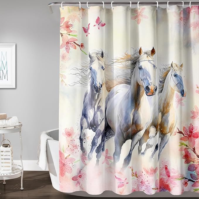 AILONEN Girls Flower Horse Shower Curtain for Bathroom,Galloping Horse Bath Curtain,Pink Watercolor Floral Horse Waterproof Curtain with 12 Plastic Hooks, 36" W*72" H