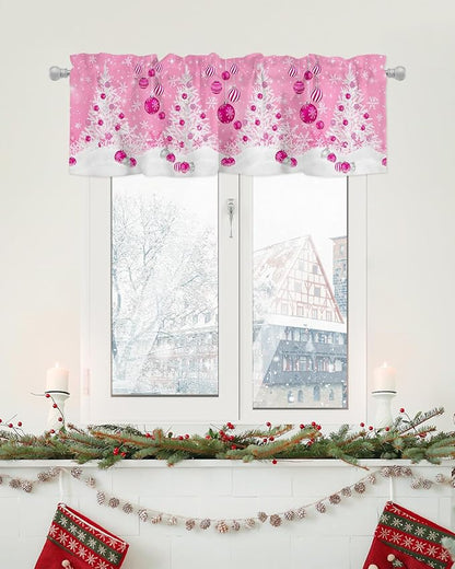 Pink Christmas Valance Curtains for Kitchen Windows White Xmas Tree Snowflakes Pink Balls Rod Pocket Window Treatment Toppers for Kitchen/Living Room/Bedroom/Bathroom, 60" X 18", Winter