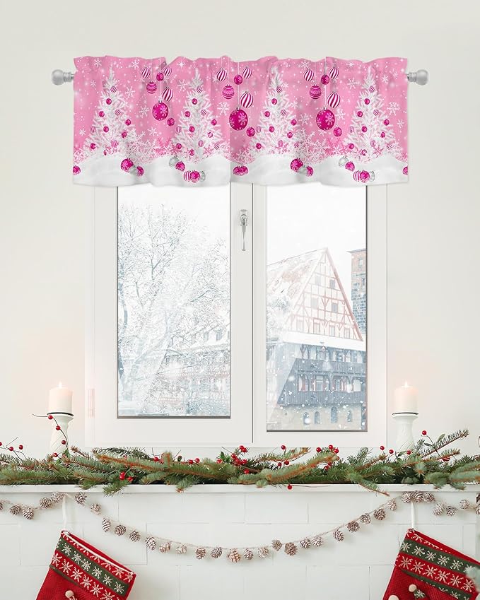 Pink Christmas Valance Curtains for Kitchen Windows White Xmas Tree Snowflakes Pink Balls Rod Pocket Window Treatment Toppers for Kitchen/Living Room/Bedroom/Bathroom, 54" X 18", Winter