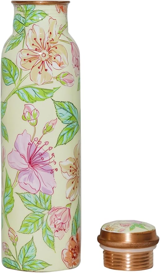 Copper Ayurveda Copper Water Bottle for Drinking – Travel Water Bottle for Gym, Yoga, Office, Hiking, Outdoor – with Lid (Yellw Pink floral) (Yellow pink floral)