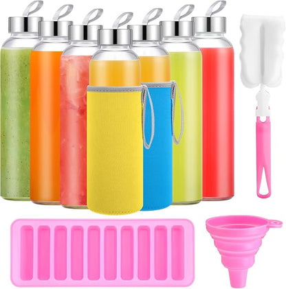 Vesici 12 Set 18 oz Clear Glass Water Bottles with Lids Reusable Glass Juicing Bottles with Colorful Protection Sleeve and Stainless Steel Leak Proof Lids for Milk Smoothie Juice Beverage Tea