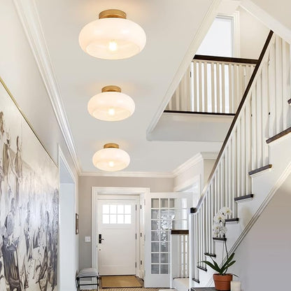 Mid-Century Modern Gold Semi Flush Mount Ceiling Light, Kitchen Ceiling Light Fixture with Glass Shade, Vintage White Close to Ceiling Lamp for Entryway Hallway Bathroom (11.0 Inch)