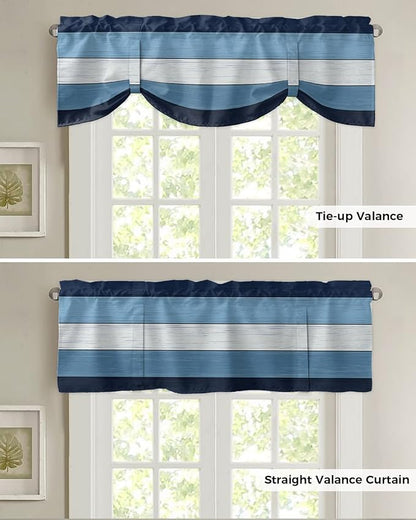 Farmhouse Blackout Tie Up Valance Curtains for Kitchen Windows,Navy Sky Blue White Window Toppers Balloon Shades for Living Room/Bathroom/Bedroom,1 Panel,54" X 18" Retro Rustic Barn Wood Texture