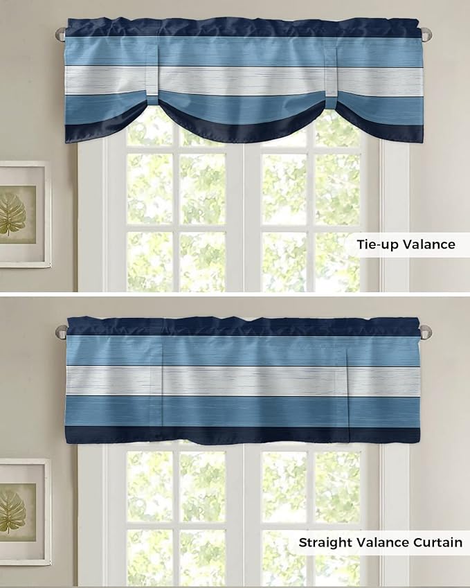 Farmhouse Blackout Tie Up Valance Curtains for Kitchen Windows,Navy Sky Blue White Window Toppers Balloon Shades for Living Room/Bathroom/Bedroom,1 Panel,42" X 12" Retro Rustic Barn Wood Texture