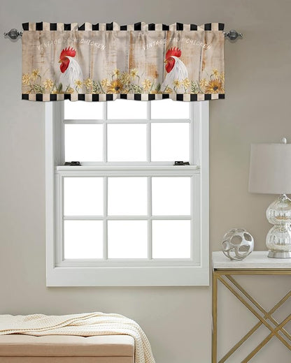 Farmhouse Kitchen Curtains Valances for Windows Sunflower Vintage Farm Chicken Rod Pocket Window Treatment for Kitchen/Living Room/Bedroom/Bathroom,60" X 18" -1 Panel, Black White Plaid