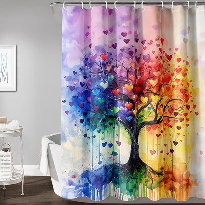 AILONEN Tree of Life Shower Curtain for Bathroom,Watercolor Hearts Tree Printed Waterproof Bath Curtain,Colorful Tree Leaves of Life Abstract Boho Shower Curtain 72" W x 72" H