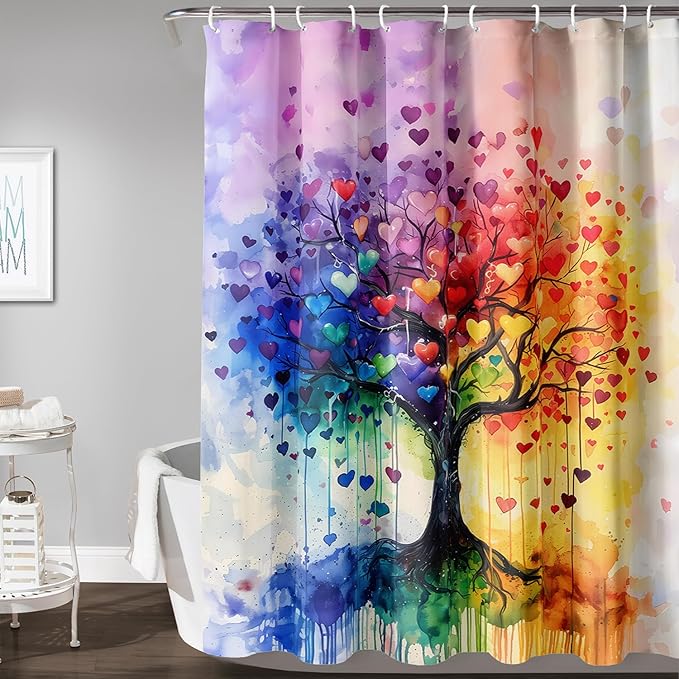 AILONEN Tree of Life Shower Curtain for Bathroom,Watercolor Hearts Tree Printed Waterproof Bath Curtain,Colorful Tree Leaves of Life Abstract Boho Shower Curtain 72" W x 96" H