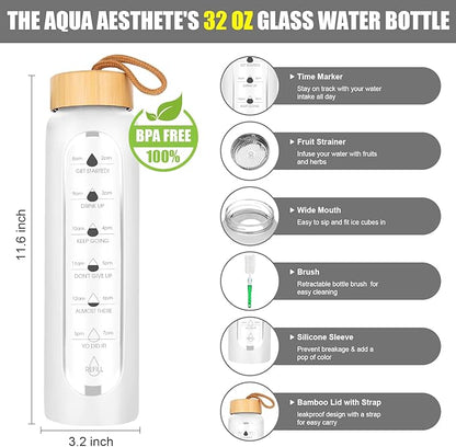 32 Oz Borosilicate Glass Water Bottle with Times to Drink | BPA Free - Reusable Wide Mouth Glass Motivational Water Bottles with Infuser & Silicone Sleeve (white)