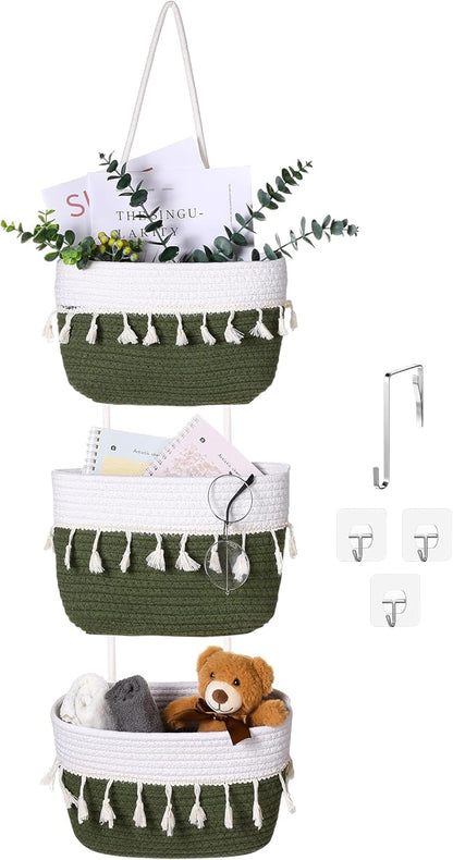 Over The Door Hanging Basket Boho Woven Wall Hanging Baskets 3-Tier Cotton Wall Mounted Storage Organizer Bag Macrame Decorative Hanging Baskets for Kitchen Laundry Room Stairs(White, Green)