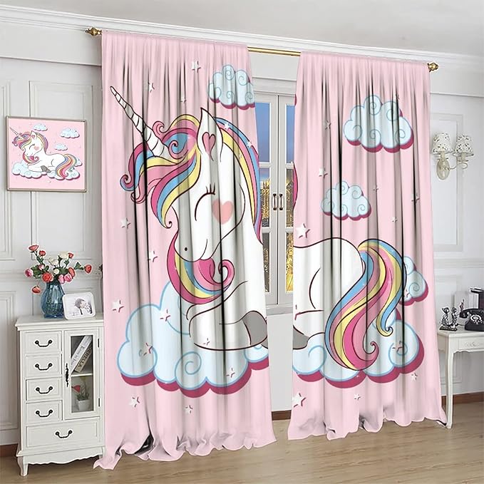 Unicorn Curtain for Kids Bedroom,Pink Cartoon Rainbow Darkening Curtains Decor Sliding Curtains Decorative Curtains for Girls Boys Baby Room,Living Room Decoration 63x72inch