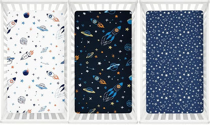 3 Pack Fitted Crib Sheets, Ultra Soft Breathable Comfortable Baby Sheet Set for Boys Girls Neutral, 28x52 Inch Fits Standard Crib and Toddler Mattresses, Space