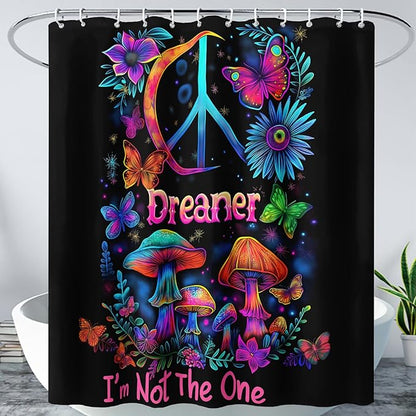 AILONEN Mushroom Shower Curtain for Bathroom,Butterfly Flower Design,Polyester Fabric,Waterproof,Blue Purple Fungus Plants Black Bath Curtains Washable,with 12 Plastic Hooks, 72" W x 72" H