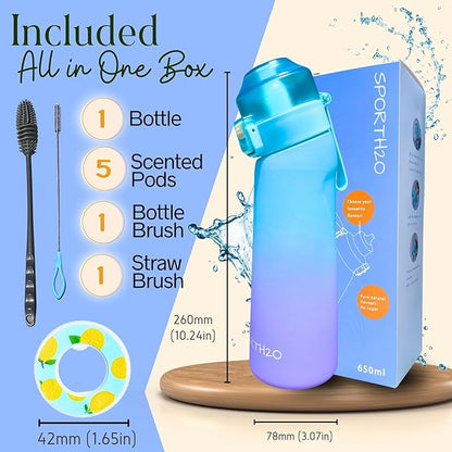 Air Water Bottle 650ml – Water Bottle With 5 Scented Pods, 0% Sugar BPA Free Cup with Bottle & Straw Brushes | Suitable for Outdoor | Sports | Gift Idea (New Gradient Blue/Purple + 5 Pods)