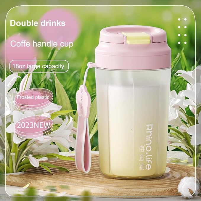 RhinoLife Premium Quality Motivational Pink Small Tiny Water Bottle with Double Drink Straw Lid, Shaker Gym Sports, BPA Free Tritan Plastic 18OZ (Fluorite Pink)