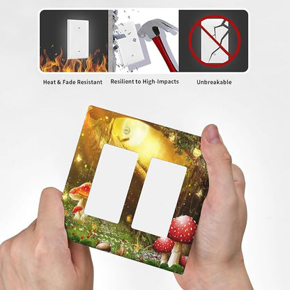 Red Mushroom Forest Fairy Moon Butterfly 2 Gang Rocker Decora Bohemian Light Switch Covers Decorative Dual Outlet Covers Wall Plate Electrical Faceplate Switchplate GFCI for Kidroom Nursery