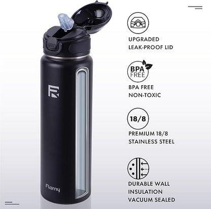 32 oz Insulated Water Bottle with Straw, Stainless Steel Metal Thermos Bottles, Durable Non-Slip Gradient Bottle with Strap for Sports and Travel, Leak Proof (Black Matte)