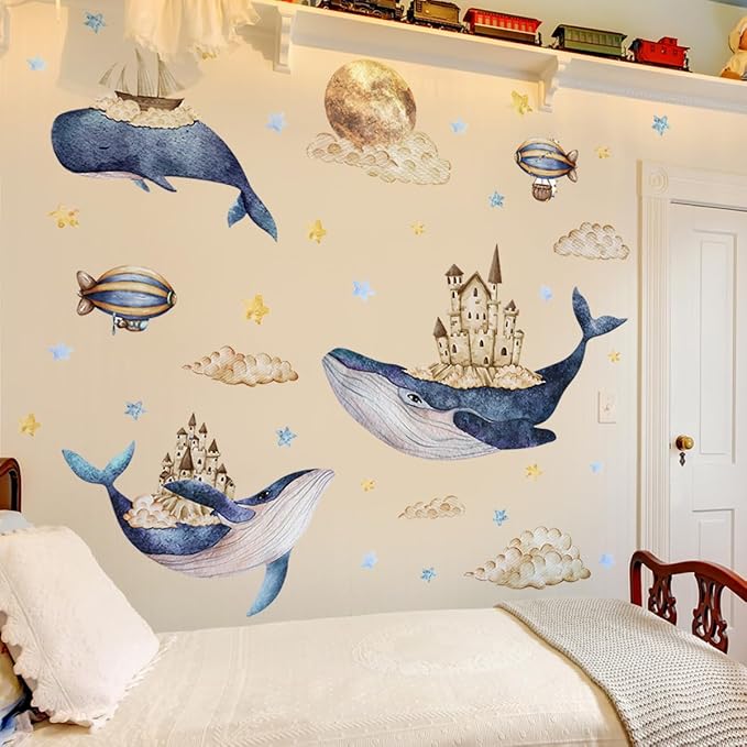 Cartoon Animals Wall Stickers for Kids Bedroom Nursery, Whale Wall Decals, Blue