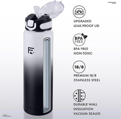 32 oz Insulated Water Bottle with Straw, Stainless Steel Metal Thermos Bottles, Durable Non-Slip Gradient Bottle with Strap for Sports and Travel, Leak Proof (Gray Black)