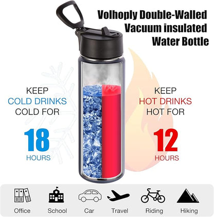 Volhoply 24 Ounce Insulated Water Bottle With Straw Lid,Stainless Steel Wide Mouth Sport Bottles With Handle,Double Wall Vacuum Thermos keep Cold,Reusable Travel Thermal Cups For Holder,Gym(Navy,1)