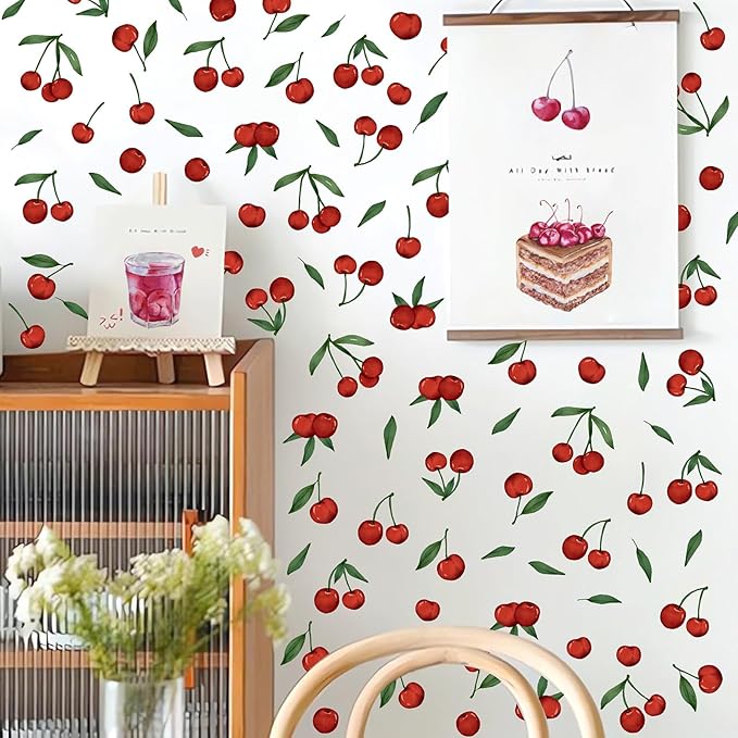 Red Cherry Wall Decals Cherries Fruit Wall Stickers Peel and Stick Kitchen Wall Stickers Removable Boho Green Leaves Wall Decals Watercolor Fruit Leaf Stickers for Nursery Bedroom Decor