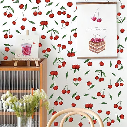 Red Cherry Wall Decals Cherries Fruit Wall Stickers Peel and Stick Kitchen Wall Stickers Removable Boho Green Leaves Wall Decals Watercolor Fruit Leaf Stickers for Nursery Bedroom Decor