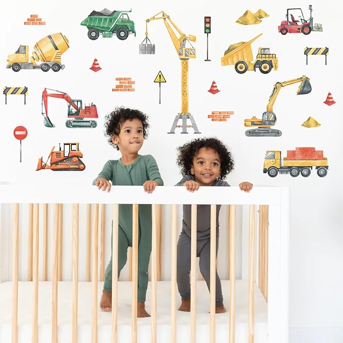 LHIUEM 30PCS Cars Wall Decals Watercolor Trucks Wall Stickers Engineering Vehicle Wall Decor for Kids Gifts Traffic Signal Construction Wall Decals for Boys Room Playroom Bedroom Classroom