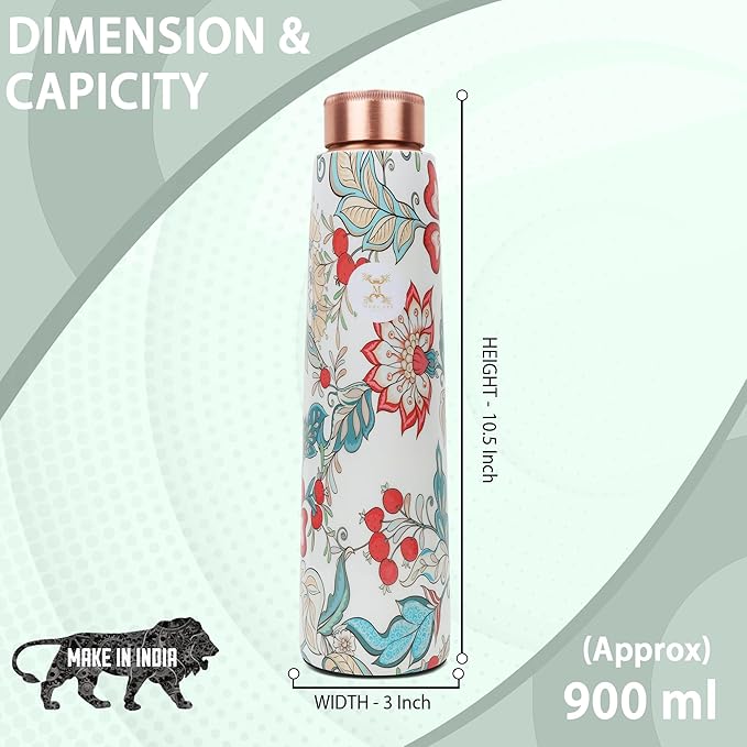 Copper Water Bottle A Handmade Ayurvedic Enameled Print Pure Copper Water Bottle For Drinking - Increase Your Water Consumption, and Experience Immediate Health Benefits (ENAMELED PRINT 6)