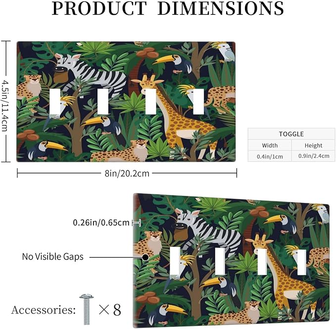 Cartoon Animal Zebra Leopard Giraffe Bird Leaf Quad Toggle Nursery Light Switch Covers Decorative 4 Gang Wall Plate Electrical Faceplate Switchplate for Kidroom Bedroom Bathroom Decor