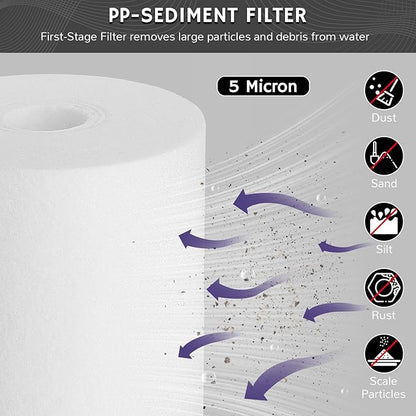 Airthereal 10" x 4.5" Whole House PP Sediment Water Filter, 5 Micron 10-inch Water Filter Replacement Cartridge for City and Well Water, 4-Pack