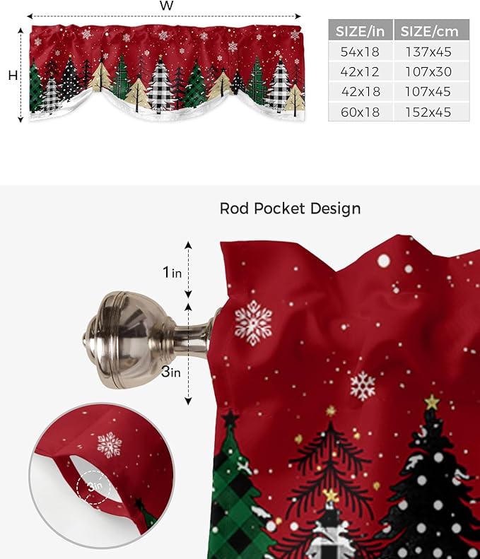 Red Merry Christmas Blackout Tie Up Valance Curtains for Kitchen Windows Green Christmas Tree Window Toppers Balloon Shades for Living Room/Bathroom/Bedroom,1 Panel, 54" X 18",White Snow Forest Winter