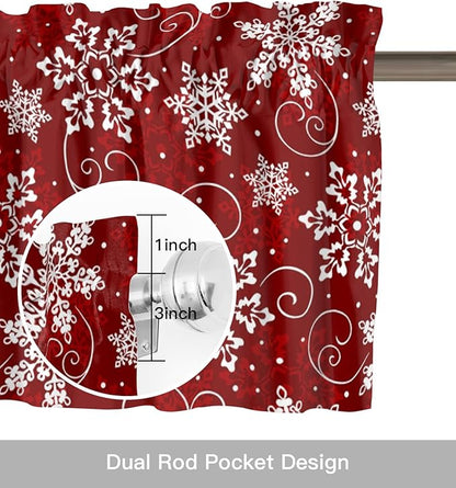 Christmas Valance Curtains for Kitchen Windows Red White Snowflakes Pattern Rod Pocket Window Treatment Toppers for Kitchen/Living Room/Bedroom/Bathroom, 42" X 12", Winter