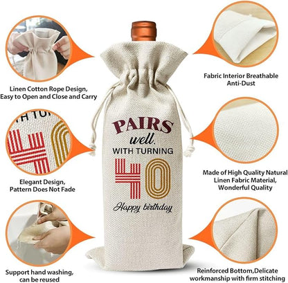 40th Birthday Gift For Best Friend Mom Dad Women Men Her Him, Reusable Linen Wine Bag Gift, 40th Birthday Party Decor Favors, Happy 40th Birthday Gift For Him Her Woman Man, 1984 Birthday