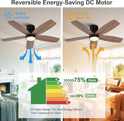 42 inch Ceiling Fans with Lights and Remote,Flush Mount Black Ceiling Fan,Memory Fuction Reversible Quiet DC Motor Low Profile Ceiling Fans For Living Room Bedroom Indoor Outdoor(Black&Walnut)