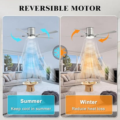 52inch Stainless Steel Ceiling Fan with Lights, 5 Blades, Remote Control, Low Profile Ceiling Fan, for Patio, Living Room, Bedroom, Office, Indoor, Outdoor