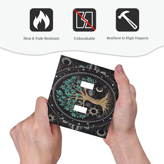 Tree of Life Blackground Double Toggle Light Switch Cover Decorative Hippie Sun Moon Star 2 Gang Wall Plate Electrical Faceplate Switchplate Art Panel for Bathroom Bedroom Living Room Decor