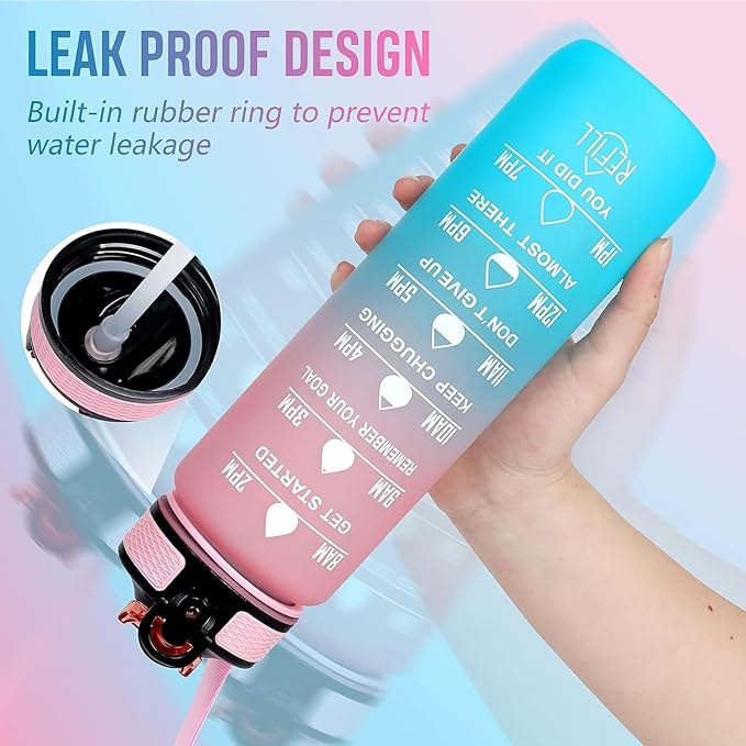 Mimi 32 oz Water Bottle with Times Marker to Drink and Straw, Carrying Strap, Leakproof Tritan BPA-Free, Ensure You Drink Enough Water for Fitness, Gym, Camping, Outdoor Sports