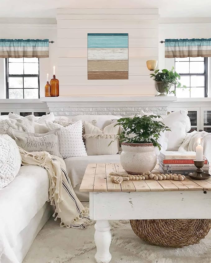 Farmhouse Kitchen Curtains Valances for Windows ,Teal Blue Brown Beach Rod Pocket Country Window Treatment for Kitchen /Living Room/Bedroom/ Bathroom,54" X 18" -1 Panel, Retro Rustic Barn Wood Texture