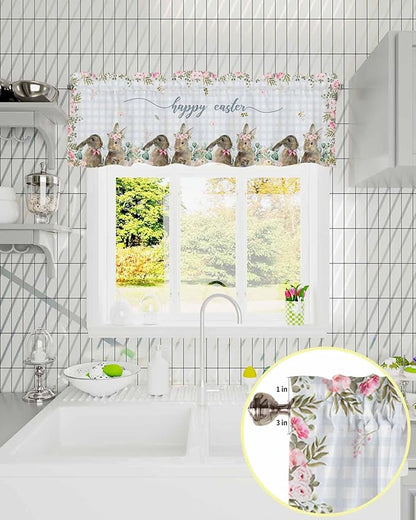 Rabbits Flowers Easter Kitchen Curtains Valances for Windows Eucalyptus Leaf Spring Summer Rod Pocket Window Treatment for Kitchen /Living Room/Bedroom/ Bathroom, 42" X 18", Grey White Buffalo Plaid