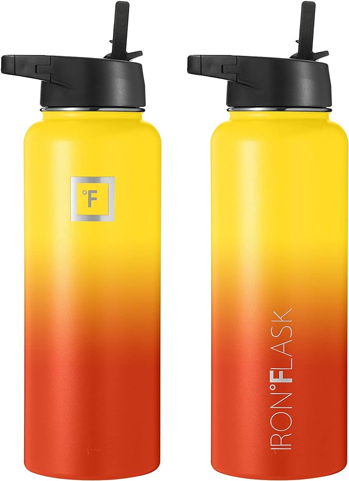 IRON °FLASK Camping & Hiking Hydration Flask, Wide Mouth, 3 Straw Lids, Stainless Steel Outdoor Water Bottle, Double Walled, Insulated Thermos, Metal Canteen - Fire, 40 Oz