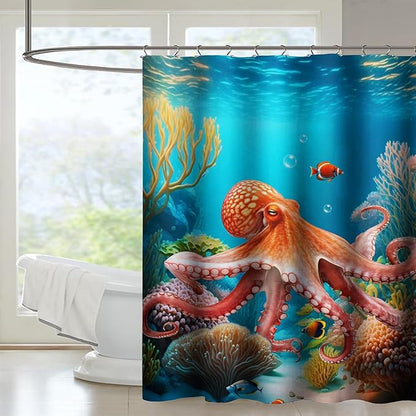 AILONEN Kawaii Octopus Shower Curtain,3D Octopus Turquoise Themed Bath Curtain Cloth Fabric Bathroom 72" W*96" H Inch,12 Pack Hooks for Kids Child,Boho Mandala Ocean Theme Bathroom Curtain