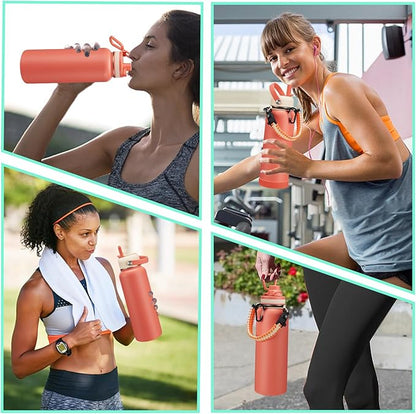 40 oz Stainless Steel Water Bottles with Straw and Auto Spout Lids, Wide Mouth Metal Thermos Bottles for Gym, Leak Proof & BPA-Free Water Flask Jug with Paracord Handle & Carrier Bag with Strap