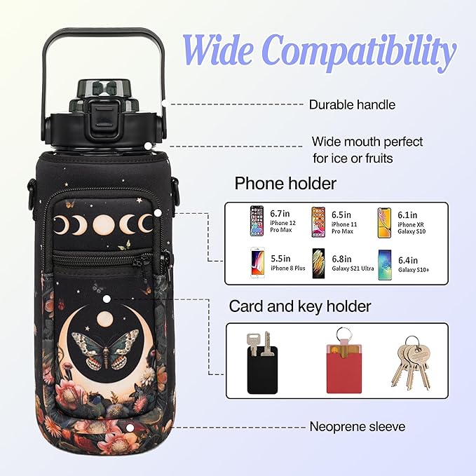 Moon Butterfly Flower Half Gallon Water Bottle with Sleeve, 64 Oz Water Bottle with Measurements Marked, Leakproof-Free Drinking Water Bottle, Sports Water Bottle BPA Free Half Gallon Water Jugs