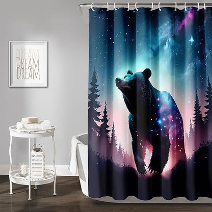 AILONEN 3D Bear Shower Curtain for Bathroom,Evening Starry Black Bear Printed Bath Curtain,Forest Wildlife Decoration Shower Curtain Waterproof 72" W*84" H